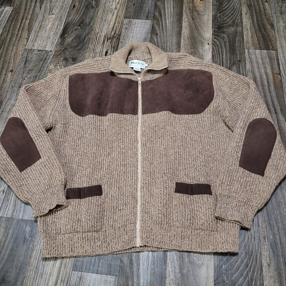 Vtg Harley of Scotland Sweater Mens XXL Brown Elbow Patch Zip 100% Wool